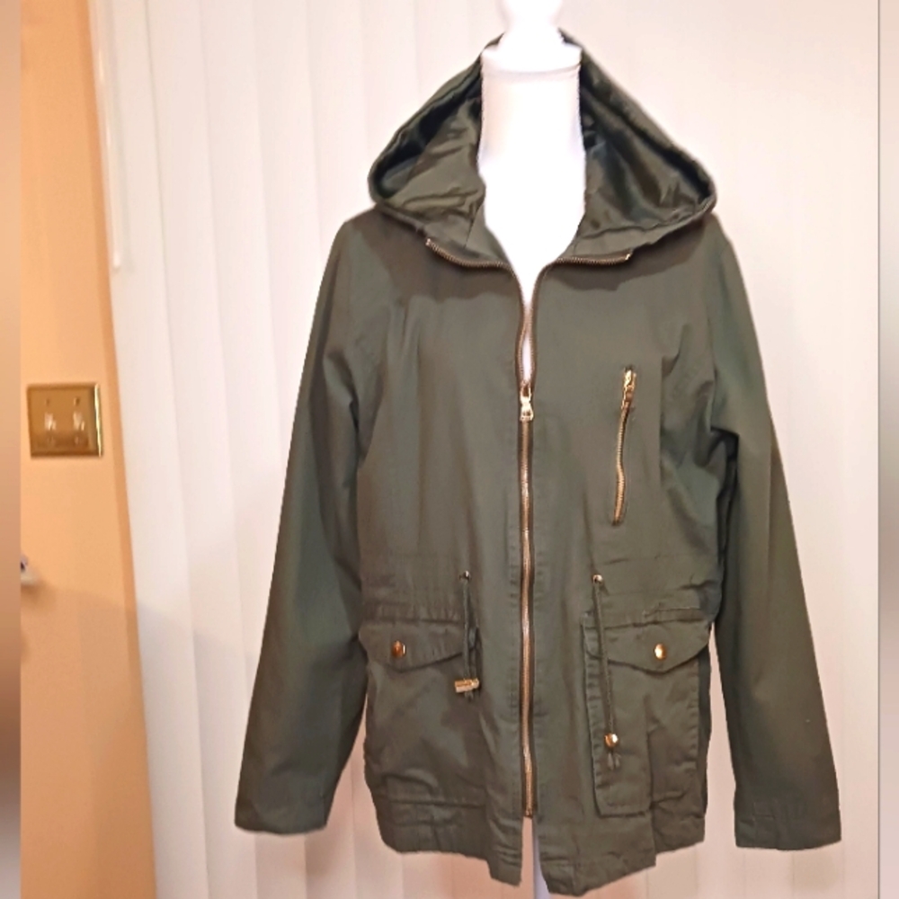 Bella Donna Women's Long SL Zipper Front Hooded Field Jacket. Olive XL